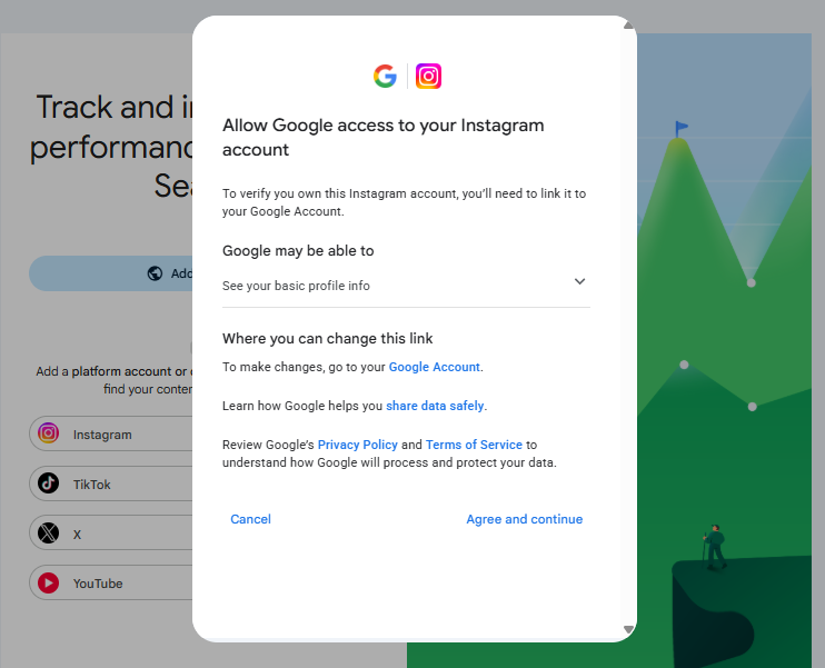 Google authorisation screen asking permission to access a connected social account to verify ownership