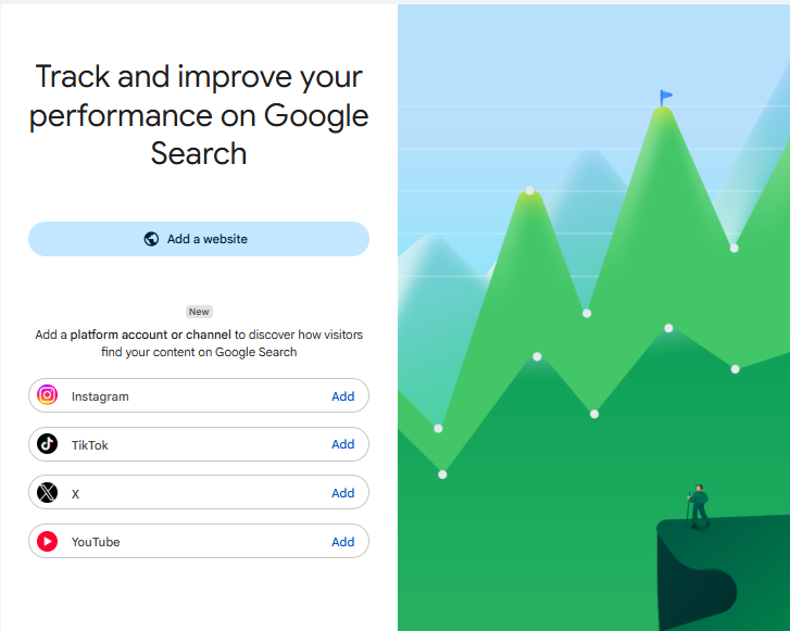 Google Search Console showing the new option to add a platform account or channel alongside adding a website