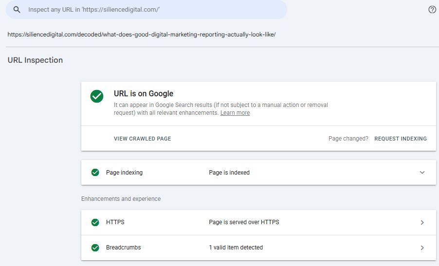 Google Search Console URL Inspection panel showing a page is on Google and indexed, with HTTPS and breadcrumbs enhancements detected